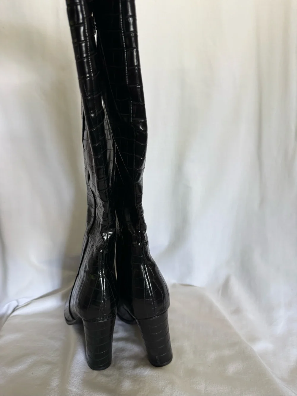 Black Croc-Embossed Over-the-Knee Heeled Boots